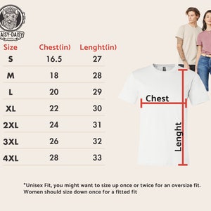 Peut inclure: Tableau des tailles pour un t-shirt unisexe avec des mesures en pouces pour la poitrine et la longueur. Les tailles vont du S au 4XL. Le tableau comprend un t-shirt blanc avec des lignes rouges indiquant les mesures de la poitrine et de la longueur.