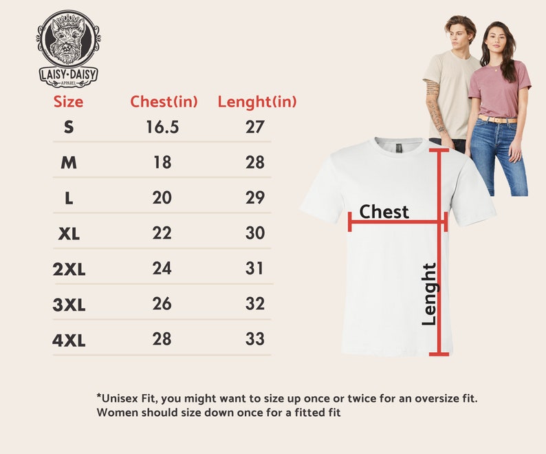 Peut inclure: Tableau des tailles pour un t-shirt unisexe avec des mesures en pouces pour la poitrine et la longueur. Les tailles vont du S au 4XL. Le tableau comprend un t-shirt blanc avec des lignes rouges indiquant les mesures de la poitrine et de la longueur.