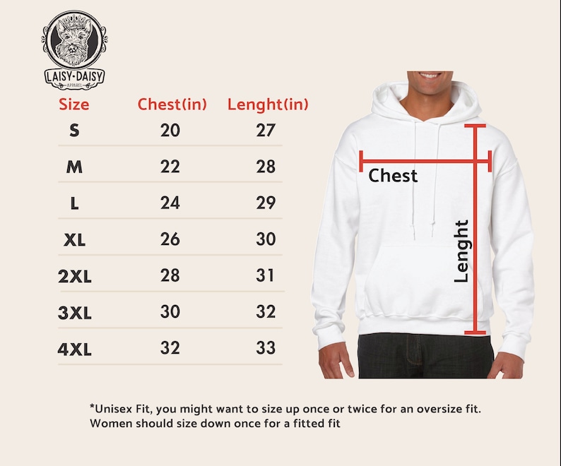 Peut inclure: Tableau des tailles pour un sweat-shirt &agrave; capuche blanc avec des mesures en pouces pour la poitrine et la longueur. Le tableau montre les tailles du S au 4XL.