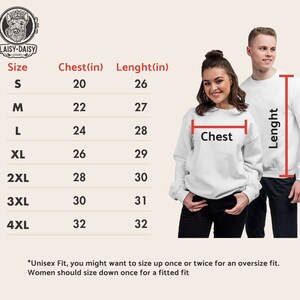 Peut inclure: Tableau des tailles pour un sweat-shirt unisexe avec des mesures en pouces pour la poitrine et la longueur. Le tableau montre les tailles du S au 4XL.