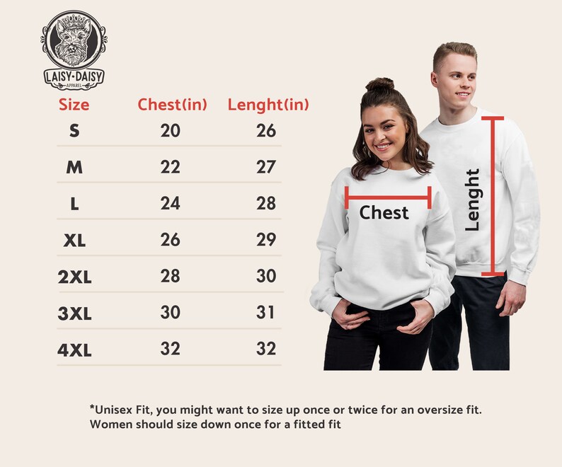 Peut inclure: Tableau des tailles pour un sweat-shirt unisexe avec des mesures en pouces pour la poitrine et la longueur. Le tableau montre les tailles du S au 4XL.