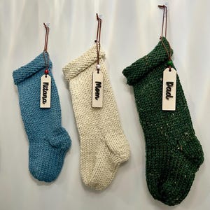Handmade Knitted Santa Stocking, Personalized Wooden Name Tag