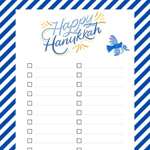 Lista de verificación imprimible en blanco de Happy Hanukkah para notas de planificación y listas de festividades judías plantilla de tamaño de carta legal