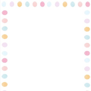 Könnte beinhalten: Ein weißer Hintergrund mit einem Rand aus pastellfarbenen Eiern. Die Eier sind in verschiedenen Farben, darunter rosa, blau und gelb. Die Eier haben ein Wirbelmuster.