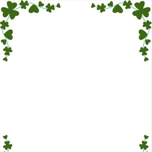 Puede incluir: Un marco de borde de trébol verde con fondo blanco. Los tréboles están dispuestos en un patrón de vid alrededor de los bordes del marco.