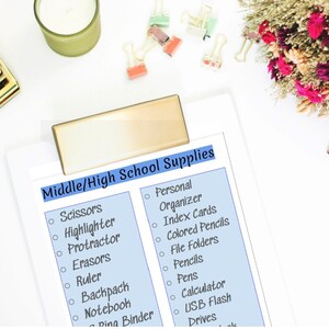 Middle School High School Supplies List checklist junior high