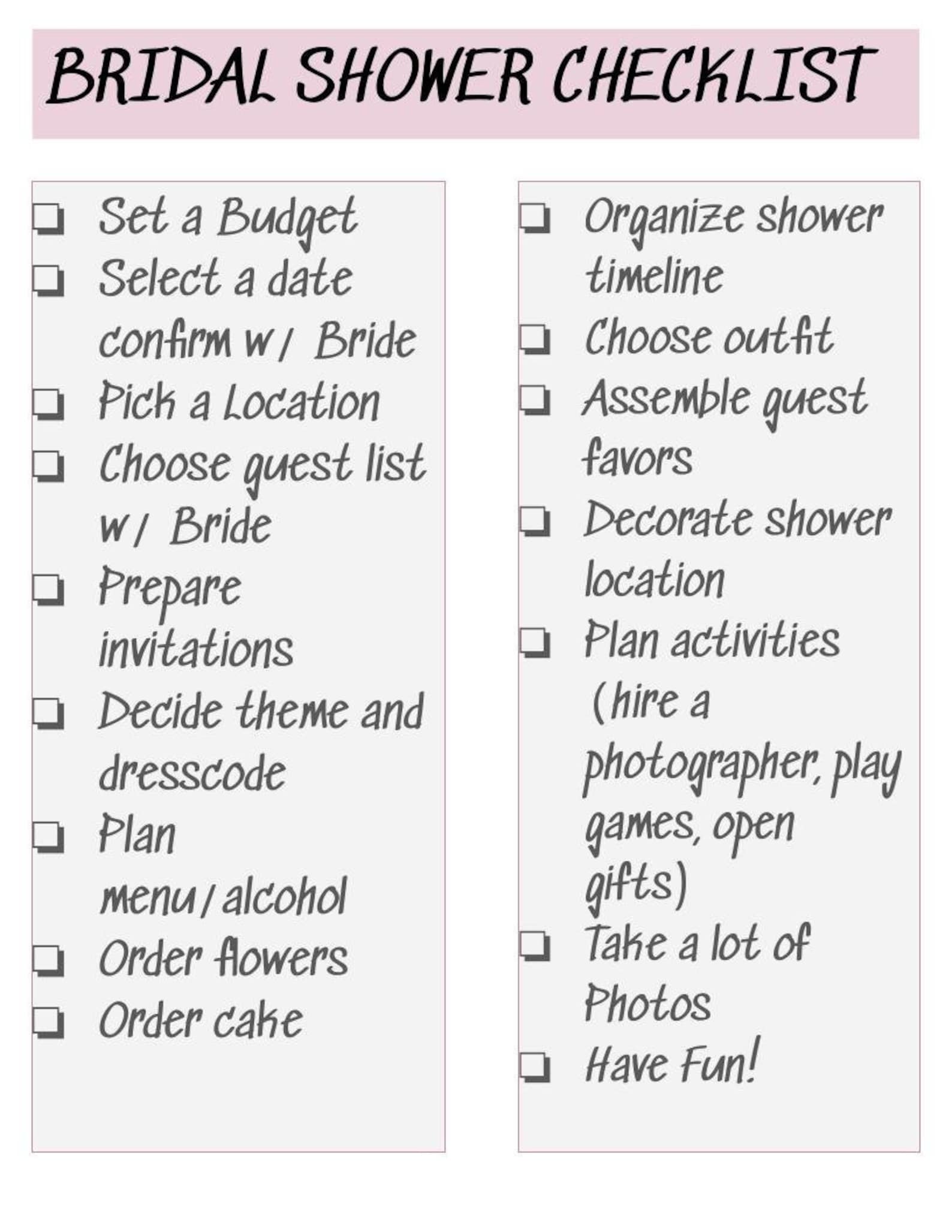 Bridal Shower Checklist Printable Etsy