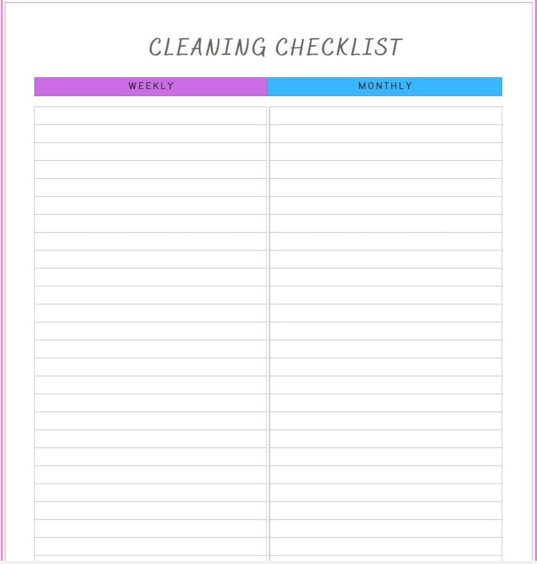Weekly monthly cleaning blank checklist printable pdf legal letter size