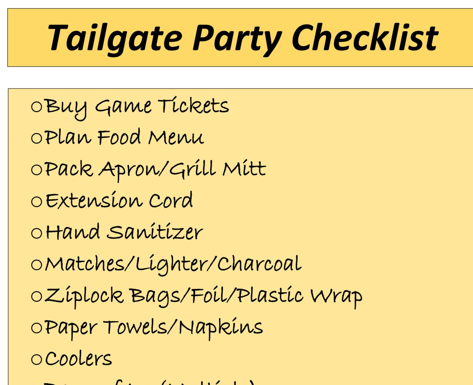 Tailgate Party Pdf Checklist / Letter Size / Pre Party Etsy