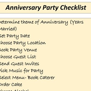 Lista de verificación de fiesta de aniversario PDF Descarga instantánea imprimible digital / tamaño de carta para parejas, reuniones familiares lista de eventos de planificación de fiestas