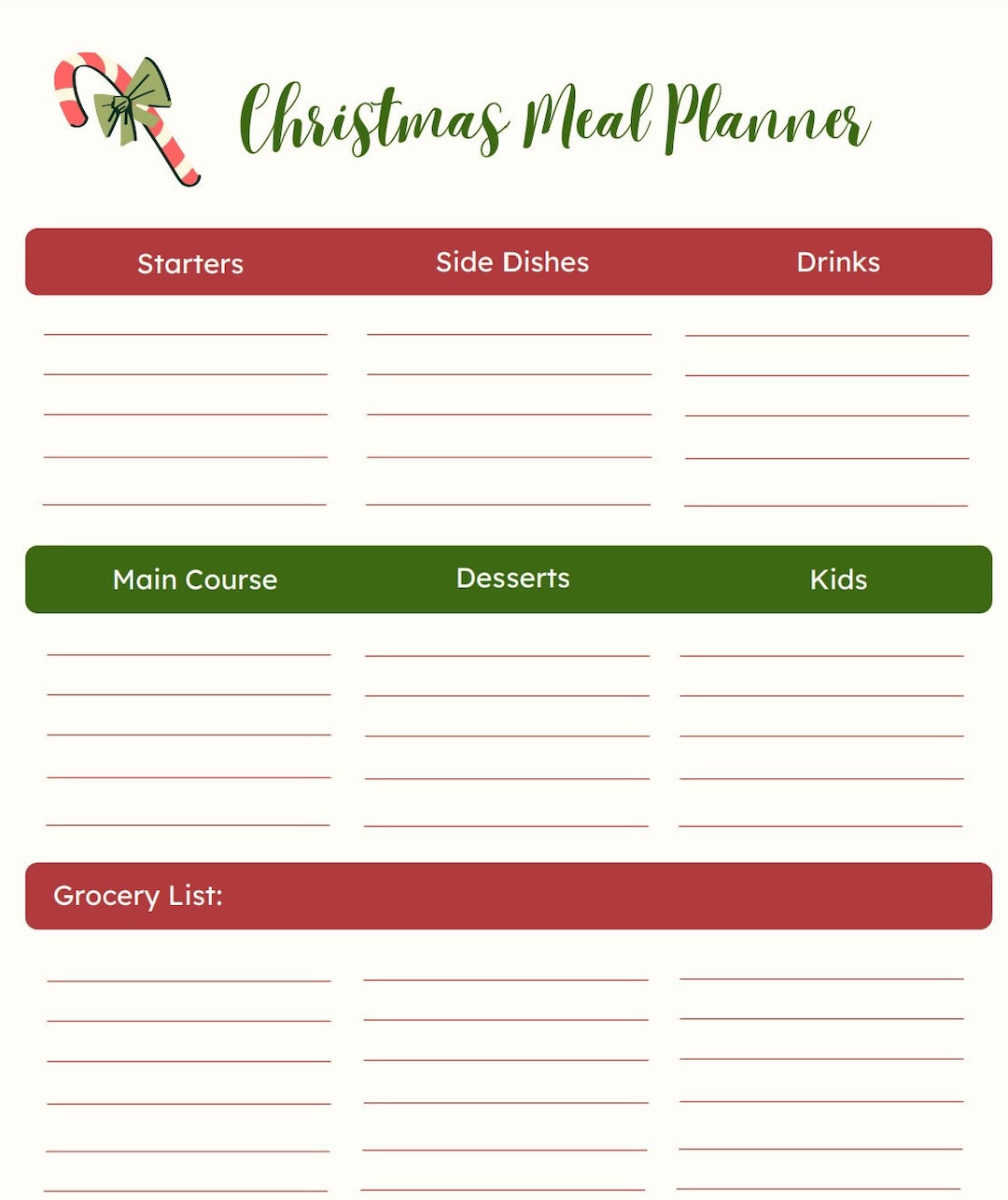 Christmas Meal Planner Printable Checklist Template for Etsy