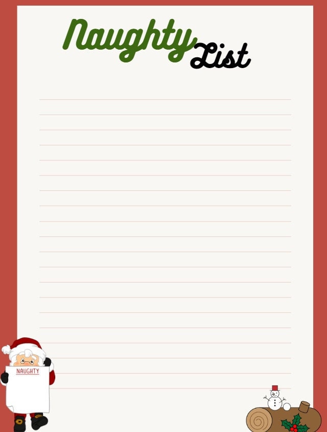 Naughty List Blank Printable List Template Legal Letter Size Instant ...