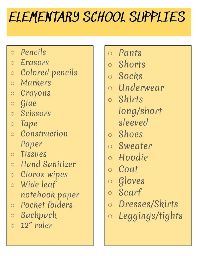 Printable Elementary School Supplies Checklist Etsy