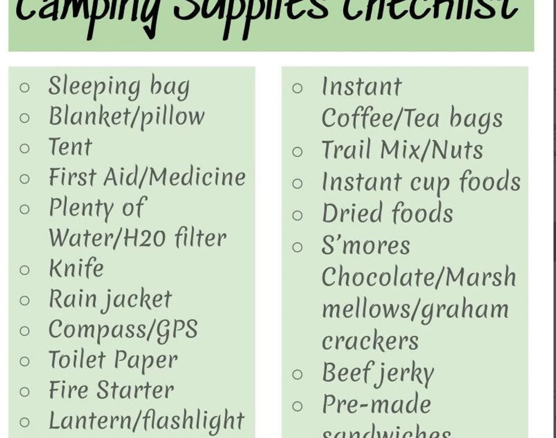 Camping Supplies Checklist for Digital Printable List Summer Events