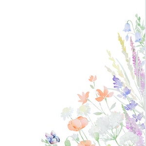 May include: Watercolour painting of a corner border of various flowers and a butterfly. The flowers are in shades of pink, purple, blue, orange, and yellow. The butterfly is blue and purple.