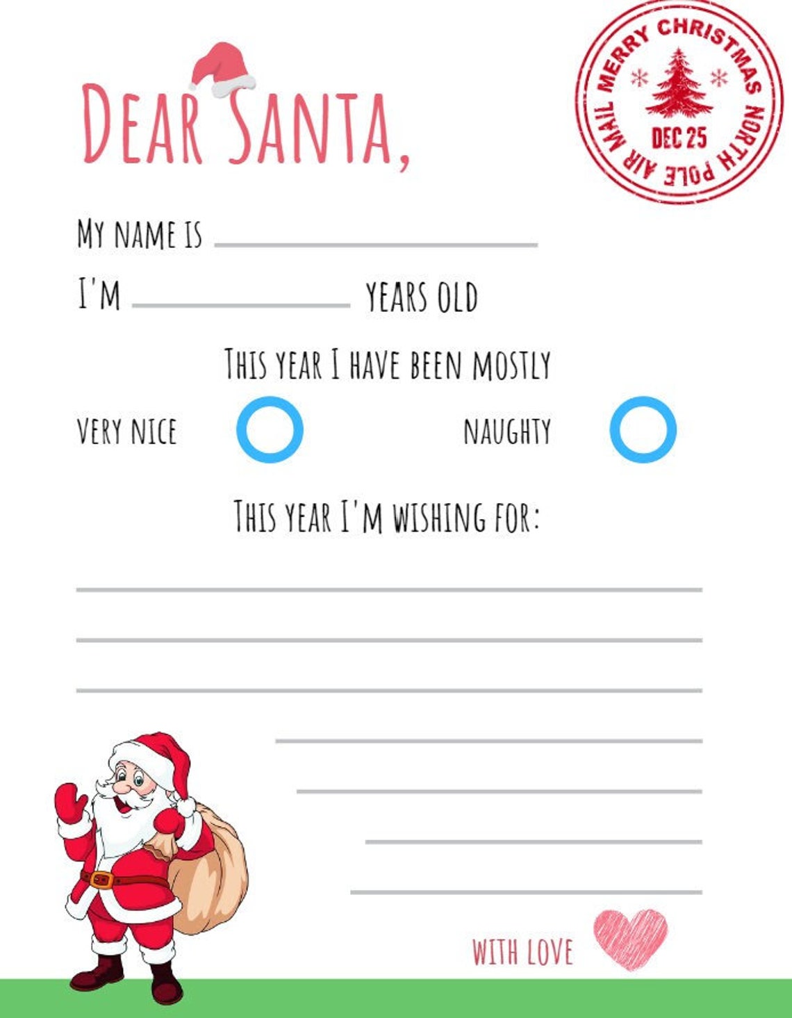 Christmas Dear Santa List Printable Download for Kids Legal Letter Size