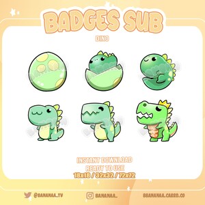 May include: Set of six digital badges featuring a green cartoon dinosaur in various poses, including an egg, hatching, standing, and wearing a crown. The badges are available in three sizes: 18x18, 32x32, and 72x72 pixels.