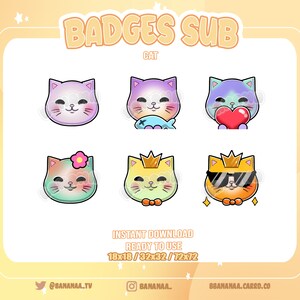 以下が含まれることがあります： さまざまな色とデザインのデジタル猫バッジ6個セット。バッジには、魚、ハート、花、王冠、サングラスなど、さまざまな表情とアクセサリーをつけた猫が描かれています。画像の上部には「BADGES SUB」と「CAT」のテキストが表示されています。画像の下部には「INSTANT DOWNLOAD READY TO USE 18x18/32x32/72x72」のテキストが表示されています。