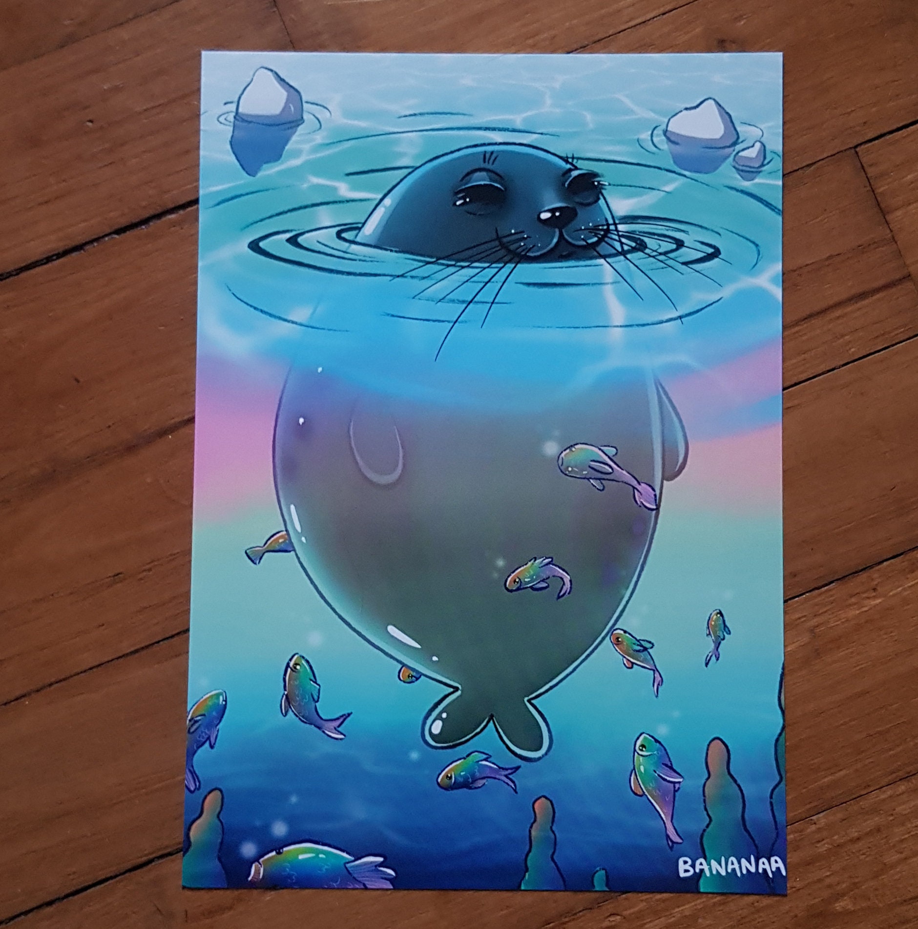 Print A5 Baby Seal Rainbow Water Etsy