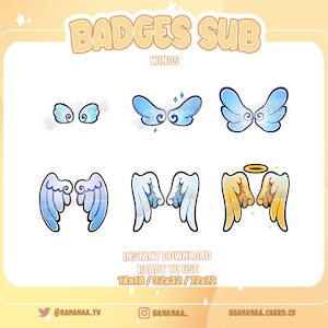 Könnte beinhalten: Ein Satz von sechs digitalen Abzeichen mit Cartoon-Engelflügeln in verschiedenen Größen und Farben, darunter Blau, Weiß und Gelb. Die Abzeichen sind mit "BADGES SUB" und "WINGS" beschriftet.
