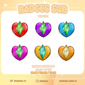 Peut inclure: Six badges en forme de cœur de différentes couleurs avec un diamant vert à l'intérieur. Les badges sont pour le jeu Les Sims et sont disponibles en tailles 18x18, 32x32 et 72x72 pixels.