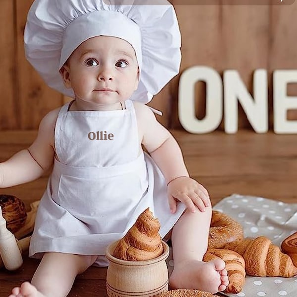 Baby Chef Outfit- Custom Embroider Baby Name on Apron and Hat- Newborn or baby photoshoot