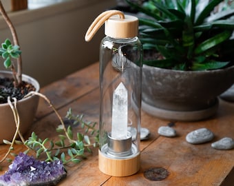 Bamboo Crystal Water Bottle, Crystal Infused Water Bottle, Reusable Water Bottle, Stainless Steel Water Bottle, Clear Quartz, Smoky Quartz