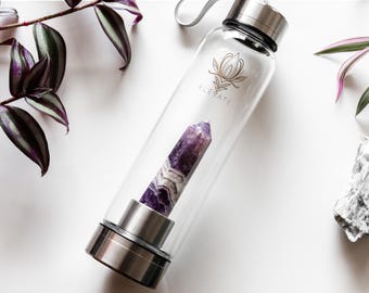 Crystal-Infused Glass Bottle, Amethyst Chevron Gem Elixir Water Bottle