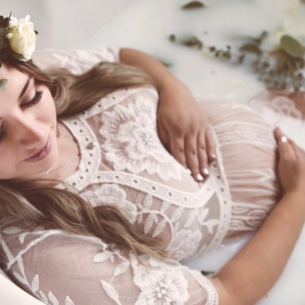 White Lace Maternity Dress: Handmade Boho Floral Gown
