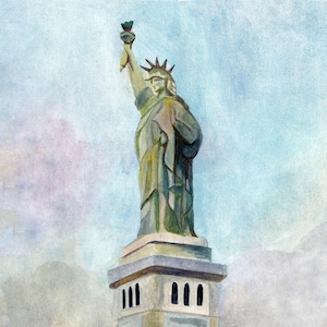 May include: A watercolor painting of the Statue of Liberty, a famous landmark in New York City. The statue is depicted in a green-grey color, standing on a stone pedestal with a torch held high.