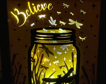 Dragonflies in a jar lighted shadow box