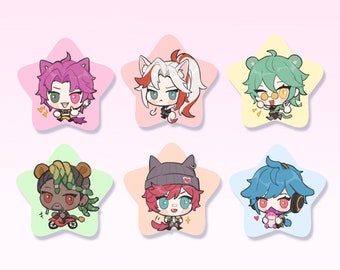 May include: Six colorful star-shaped pins featuring cartoon characters. Each pin has a different character with unique features and expressions. The characters are a pink-haired person, a white-haired person, a green-haired person, a brown-skinned person with green hair, a red-haired person, and a blue-haired person.