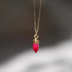 May include: A delicate gold-colored chain necklace with a vibrant red crystal pendant. The crystal is a deep red color with gold-colored accents. The necklace is suspended against a blurred background, highlighting the jewelry.