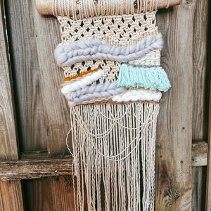 Yarn & Macrame Wall Hanging Tapestry - Beige, Gray, White, Teal, Gold