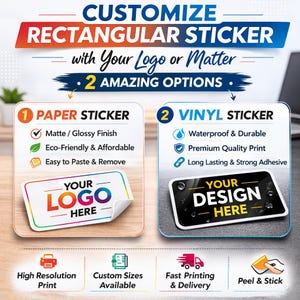 Op de afbeelding: Afbeelding met aanpasbare rechthoekige stickers, verkrijgbaar in papier of vinyl. Papieren stickers bieden matte/glanzende afwerkingen, zijn milieuvriendelijk en gemakkelijk aan te brengen. Vinyl stickers zijn waterdicht en duurzaam. Beide opties zijn voor aangepaste logo's of ontwerpen.