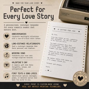 Puede incluir: Un recuerdo impreso con el texto "Perfecto para cada historia de amor". El diseño incluye una carta, una impresora y un sello. El texto describe opciones para aniversarios, votos y el Día de San Valentín.