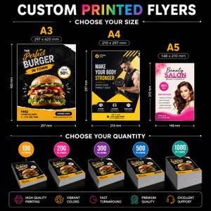 May include: Custom printed flyers available in A3 (297 x 420 mm), A4 (210 x 297 mm), and A5 (148 x 210 mm) sizes. The display shows three flyer designs for a burger shop, a gym, and a beauty salon, with options for quantities of 100, 200, 300, 500, and 1000.
