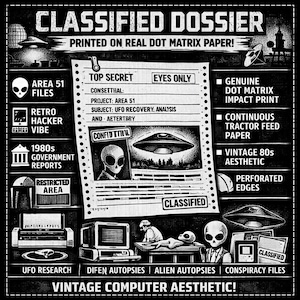 May include: Black and white graphic with the text "CLASSIFIED DOSSIER" and "PRINTED ON REAL DOT MATRIX PAPER!". The image features alien-themed illustrations, including UFOs, alien autopsies, and retro computer graphics. The design has a vintage 80s aesthetic.