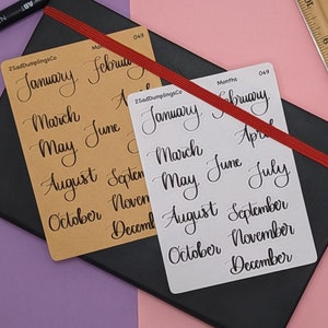 Handgeschreven maandenstickers | Script | Cursieve letters | Kalligrafie | Decoratief lettertype | Kalender | Planner | Bulletjournaal | 12 maanden