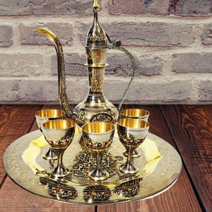 Vintage Antique Style Handmade Brass MOROCCAN Tea Set Brass Coffee Pot Matching Brass Cups Goblets, Hand Engraved Polished & Etched Wine Set