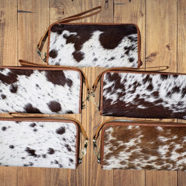 Real Cowhide Clutch Genuine Leather Handmade Wristlet and Zipper Clutch, Fur Purse Wallet, Handbag, Organiser for women