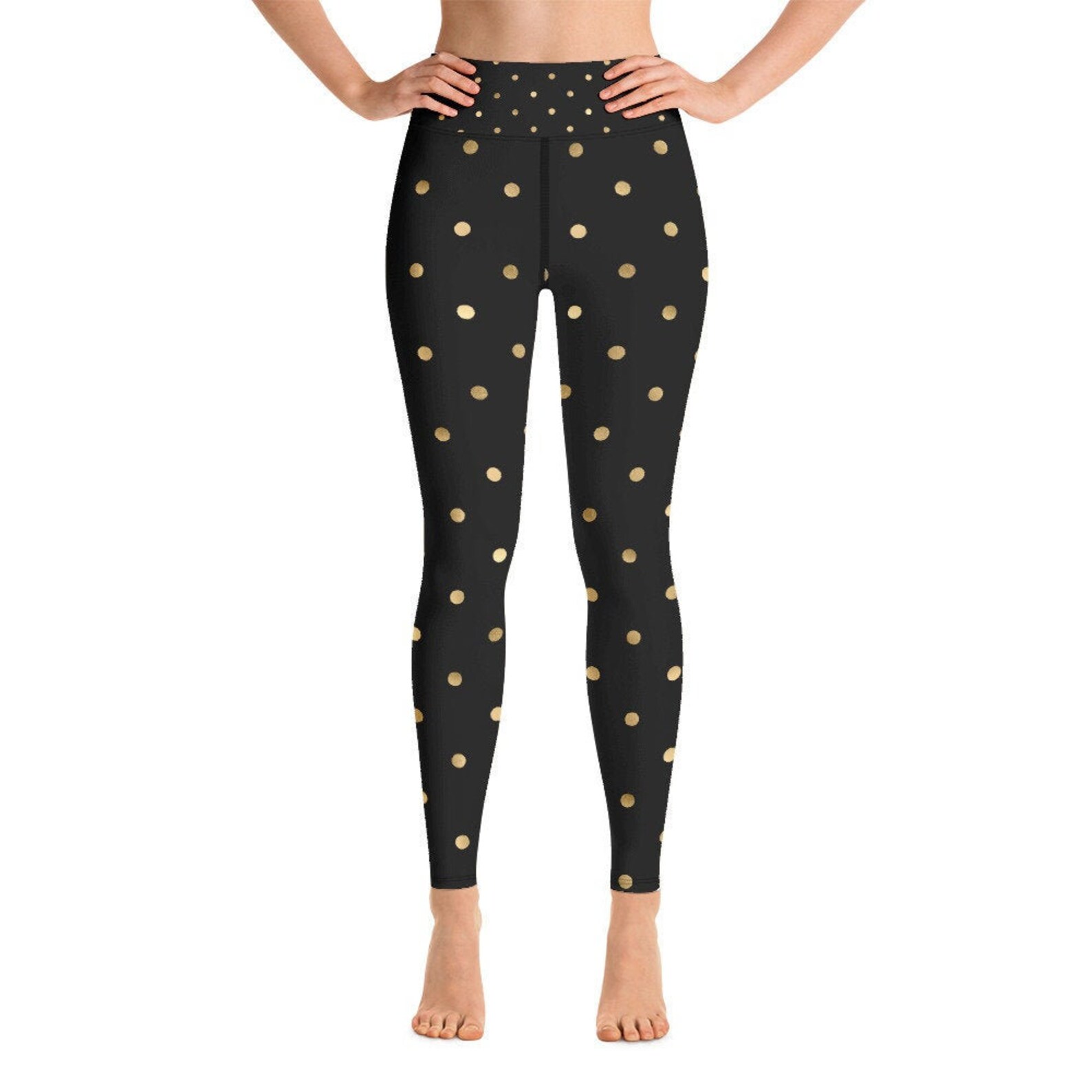 Black Polka Dots Yoga Leggings Retro Patterned Workout Etsy