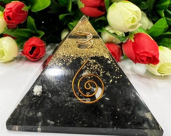 2" Black Tourmaline Stone Orgone Pyramid 50 MM with Crystal- Copper- Pyrite