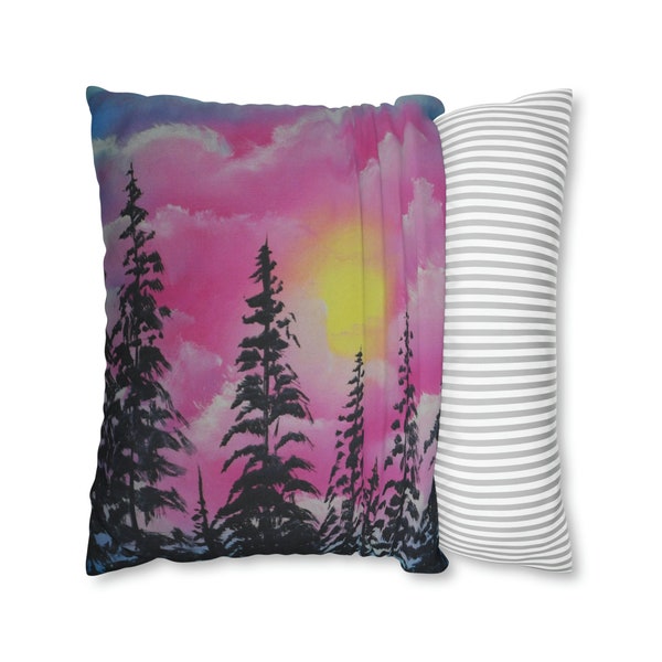 Spun Polyester Square Pillow Case, Warm Sun and Cool Trees