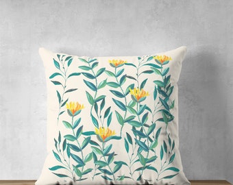 Fundas de almohada con estampado floral y de hojas pintadas a mano en color crema - Funda de cojín con diseño floral natural - Funda de cojín de exterior de estilo rústico de tamaño personalizado