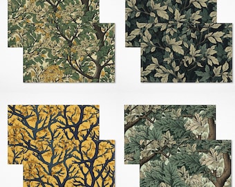 Manteles individuales con follaje de ramas de árboles, 30,5 x 45,7 cm, decoración vintage de bosque verde oscuro/amarillo, manteles individuales de tela con arte natural.