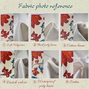 May include: Fabric photo reference image showing six fabric samples. Each sample features a cream background with a repeating pattern of orange and blue floral and aquatic designs. The samples are labeled: Soft Polyester, Thick poly linen, Cotton linen, Dutch velvet, Waterproof poly linen, and Satin.