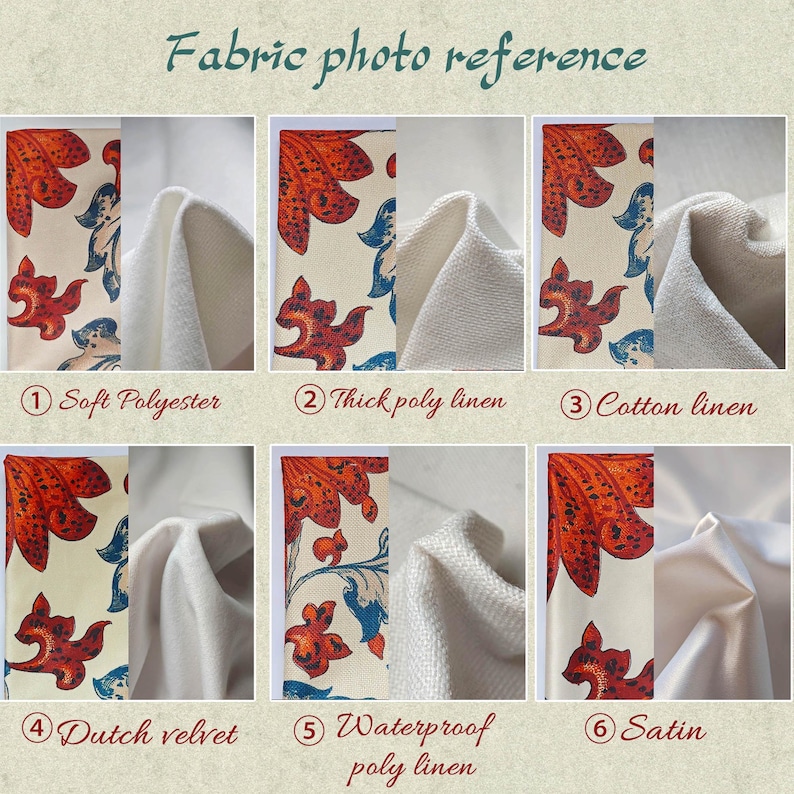 May include: Fabric photo reference image showing six fabric samples. Each sample features a cream background with a repeating pattern of orange and blue floral and aquatic designs. The samples are labeled: Soft Polyester, Thick poly linen, Cotton linen, Dutch velvet, Waterproof poly linen, and Satin.