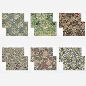 Könnte beinhalten: Sechs Sets rechteckiger Tischsets mit jeweils einem anderen floralen Muster. Die Muster variieren in der Farbe, darunter Blau und Creme, Grün und Gelb sowie Dunkelrot und Braun. Die Tischsets sind wahrscheinlich aus Stoff.