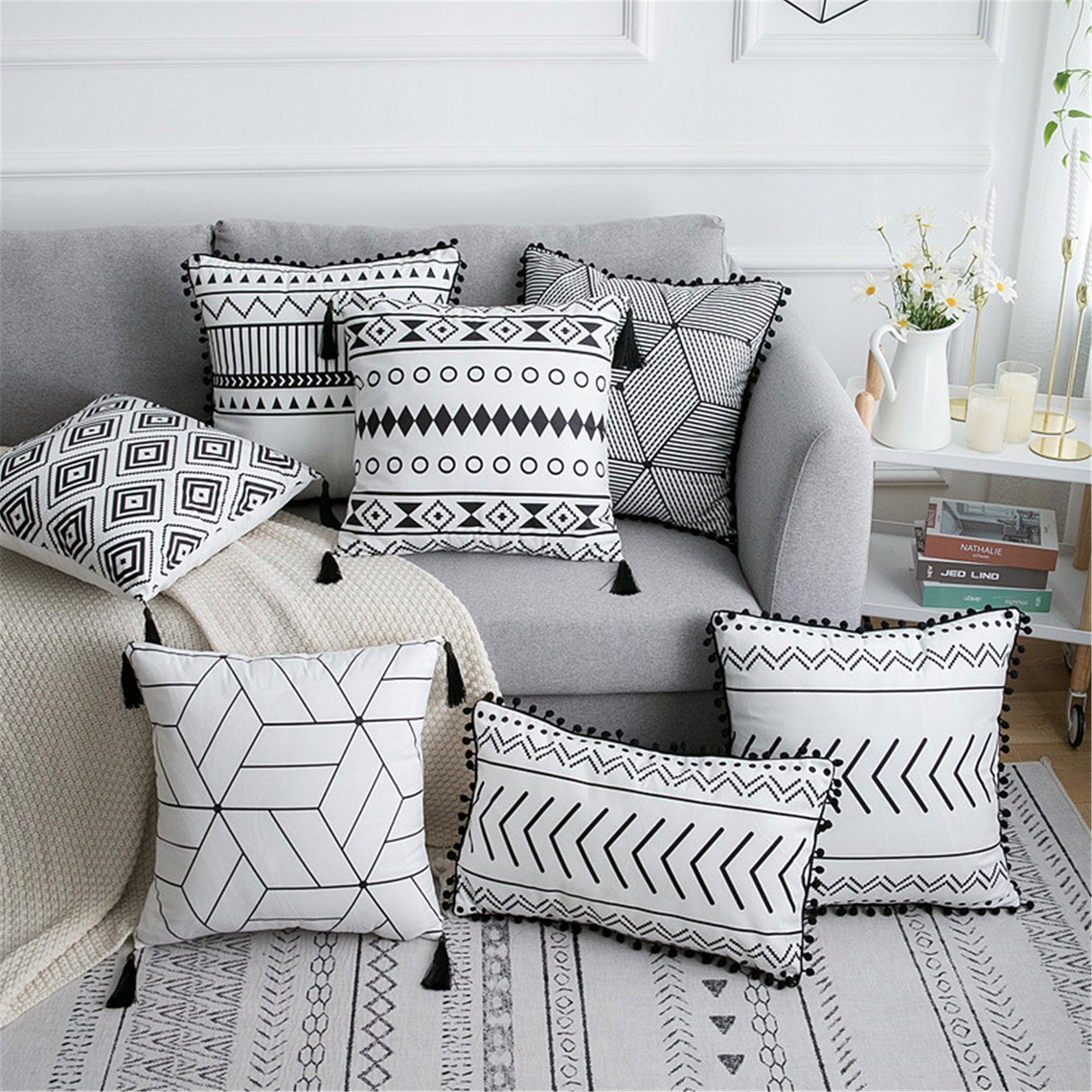 Black and White Pillow Cover12 X 20boho Geometric Throw Etsy